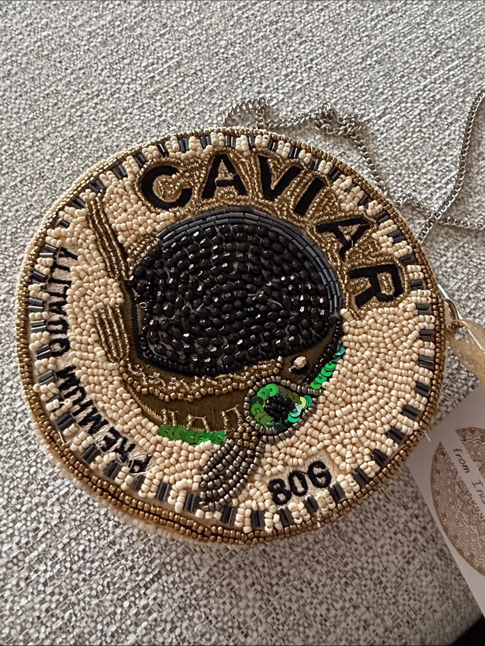 Beaded 'CAVIAR' Round Crossbody Bag in Beige and Black